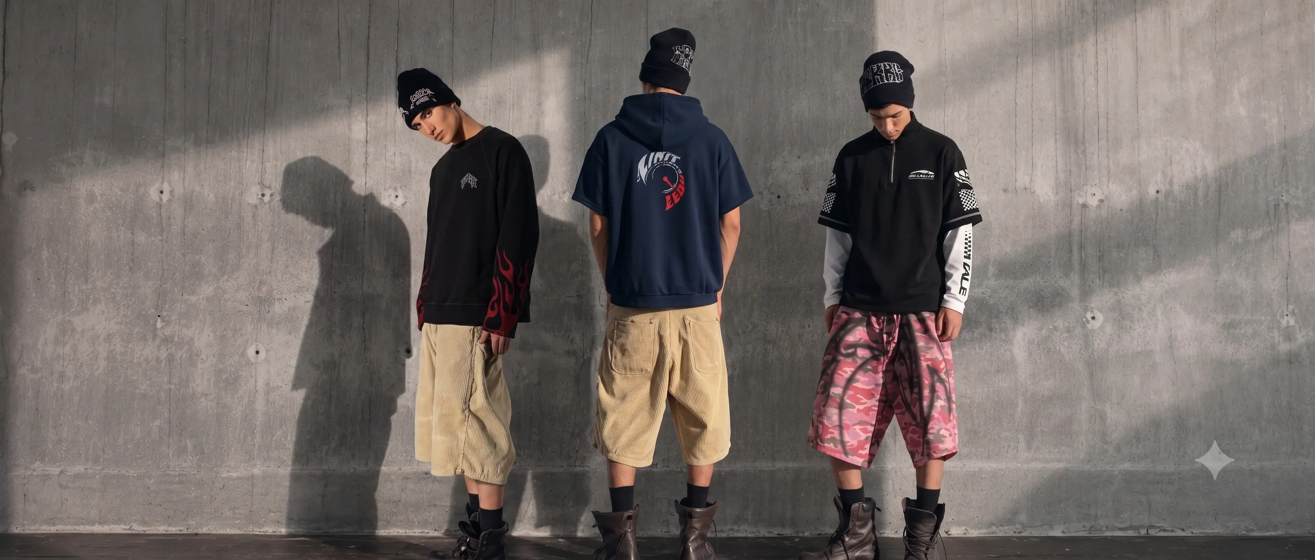 Tres jóvenes con ropa streetwear ALCORTE frente a un muro de concreto